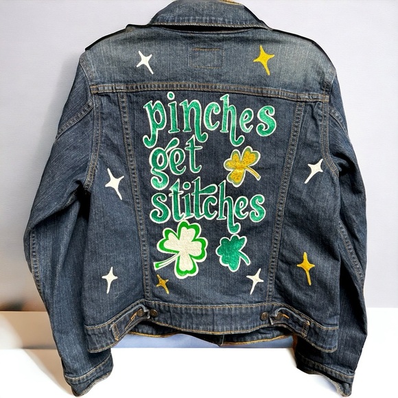 Hand Painted Jean Jacket: “Pinches Get Stitches”, St Patrick’s Day, Ladies XL - Picture 6 of 13